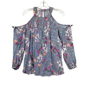 Maurices Cold Shoulder Long Sleeve Smocked Blouse Blue/Multi Women’s Size Small